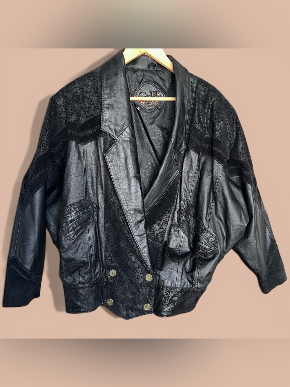 Vintage 80s 90s G-III Global Identity Black Leather-lace Jacket &Paisley Lining